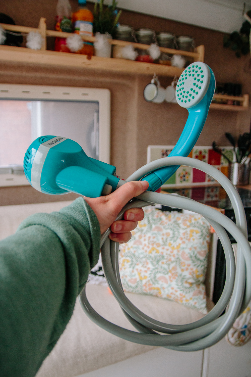 Portable USB Shower in Campervan